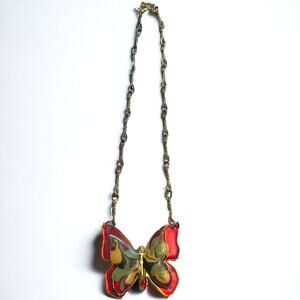 Vintage Glazed Paint Swirl Enameled Colorful Large Butterfly Necklace on Chain